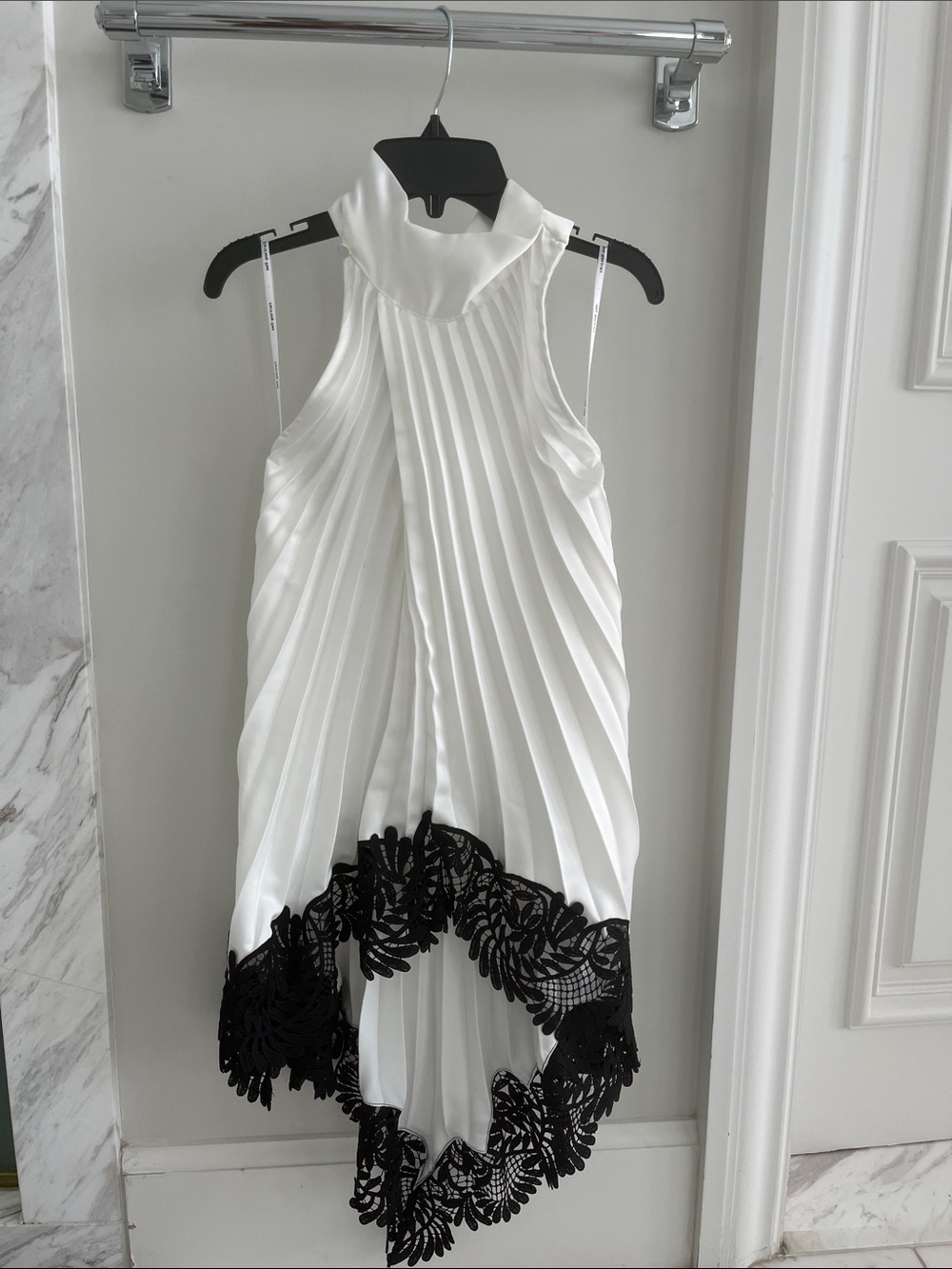 Brand New w Tags Self-Portrait White Pleated High-Neck Tank with Black Lace Trim